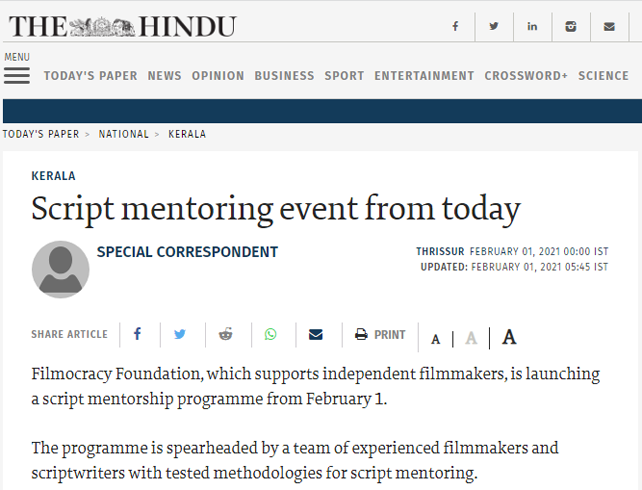 The Hindu announcing the Filmocracy Script Mentorship Program on February 1, 2021